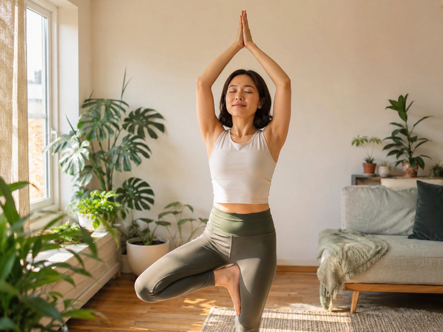 Woman balances in a yoga tree pose with hands overhead in a plant-filled living room.