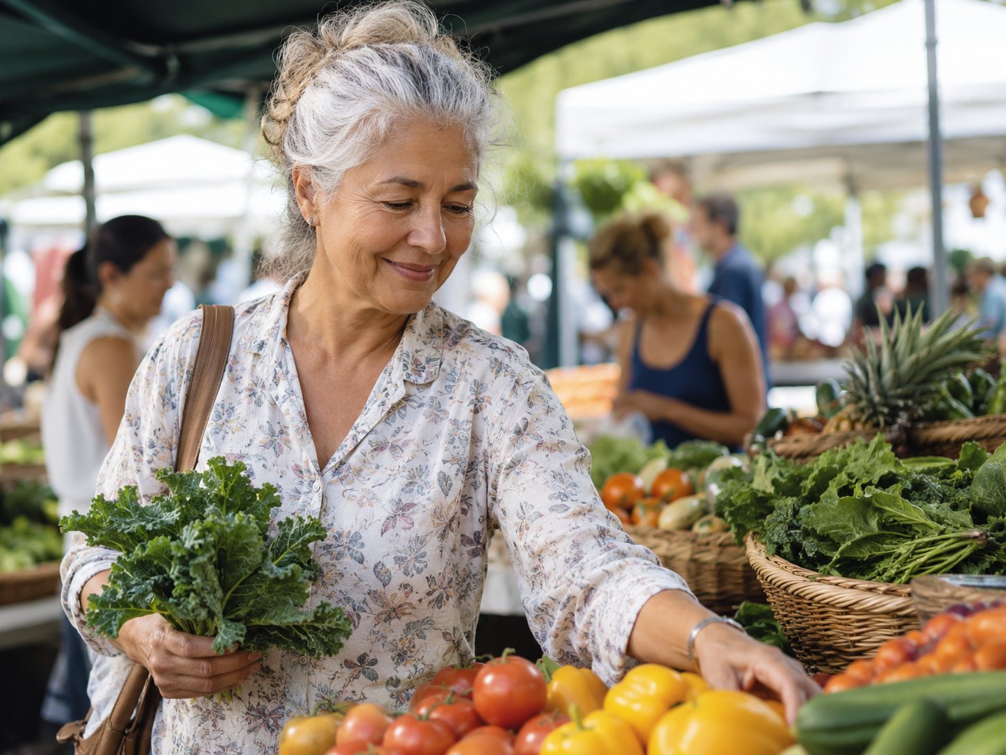 Older woman holding fresh kale reaches toward tomatoes and peppers at a busy outdoor farmers market stall.
