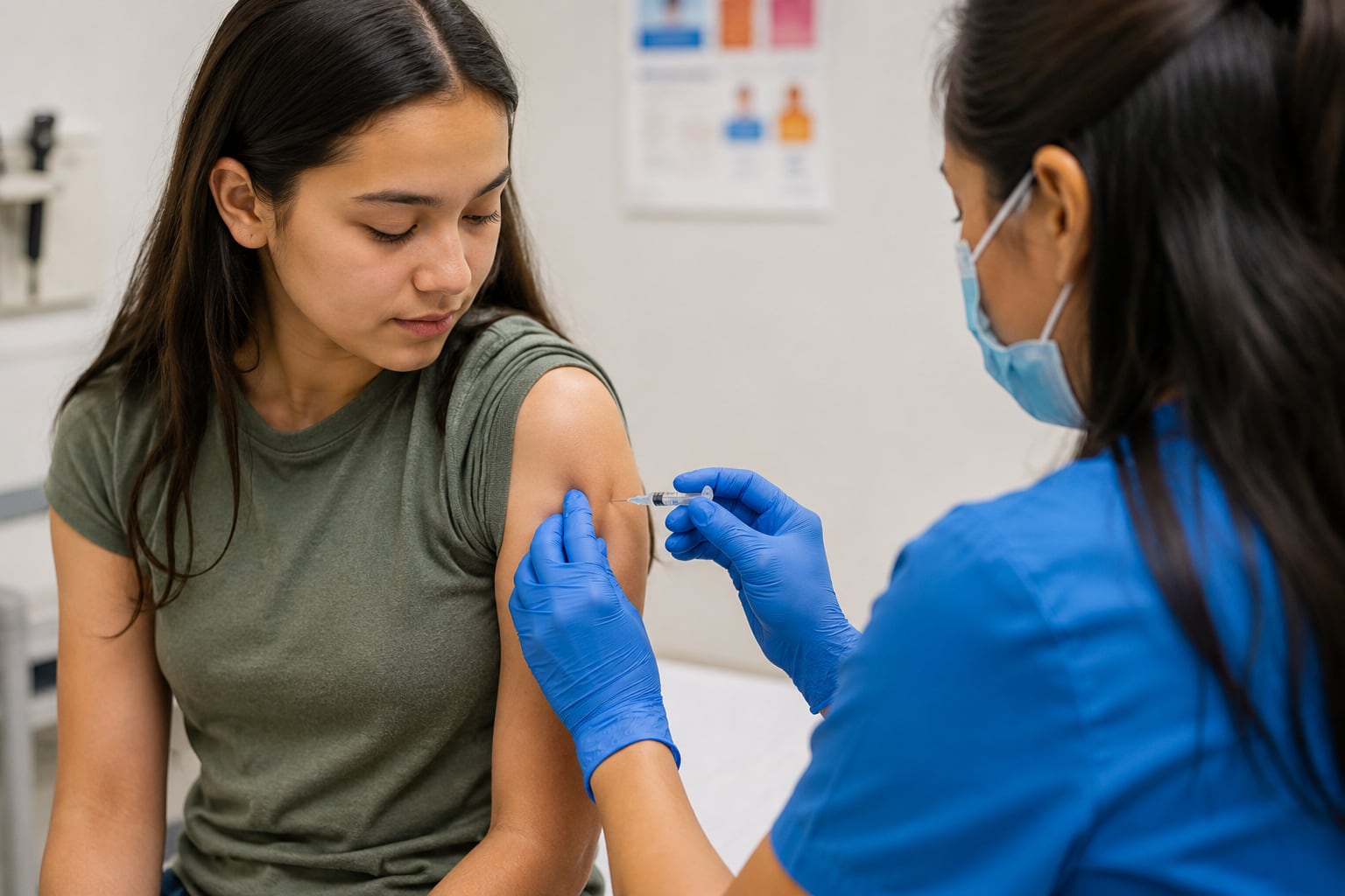 A masked clinician in blue scrubs and blue gloves steadies a young woman’s bare upper arm and holds a syringe to it in an exam room.