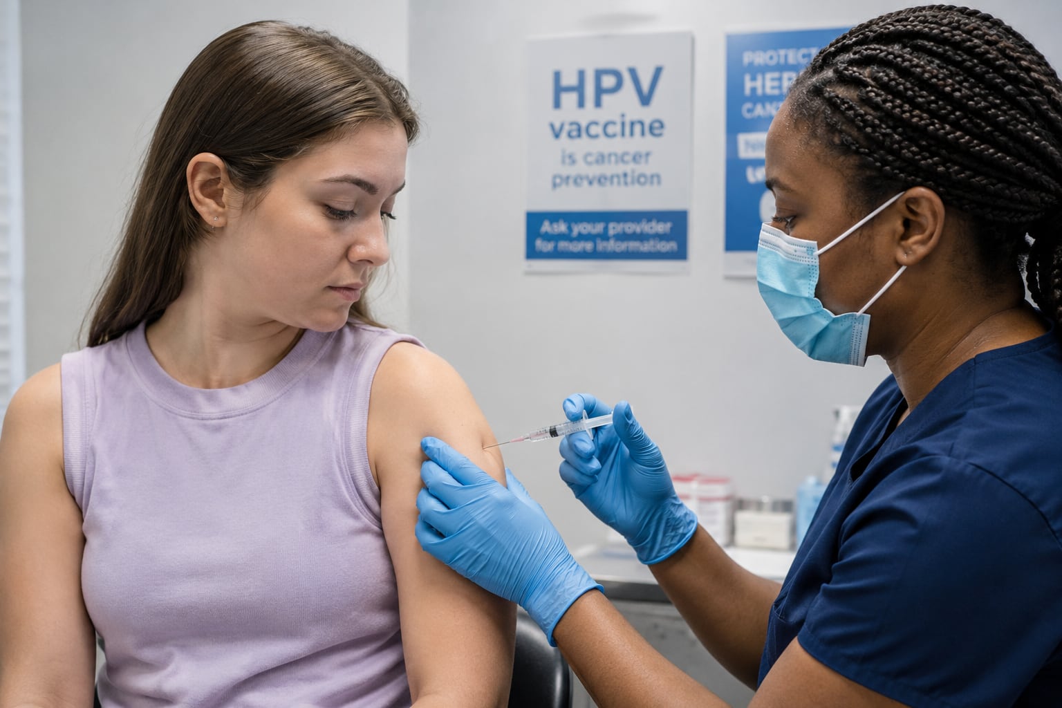 A masked clinician in navy scrubs and blue gloves gives an injection into a young woman’s upper arm in an exam room with an HPV vaccine poster on the wall.