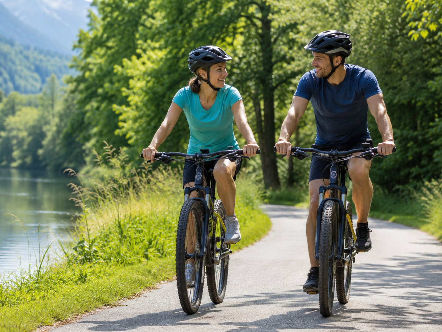 Two helmeted adults cycle side by side on a paved riverside path lined with green trees.