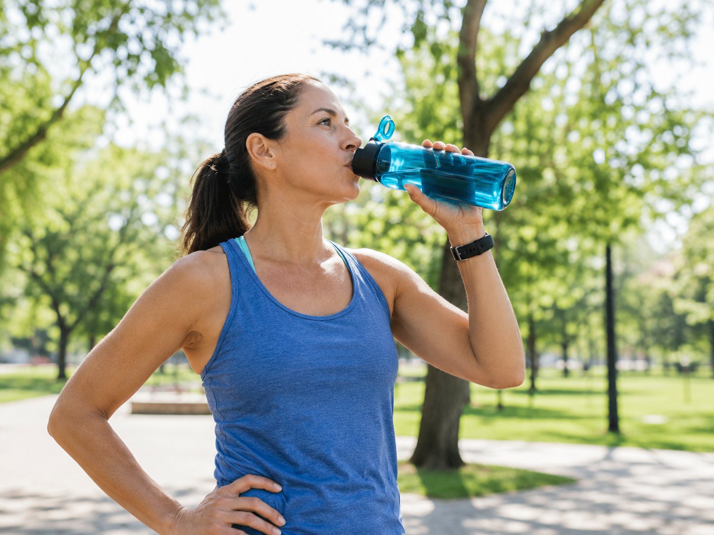 Woman in a blue tank top drinks from a water bottle in a sunlit park after exercising.
