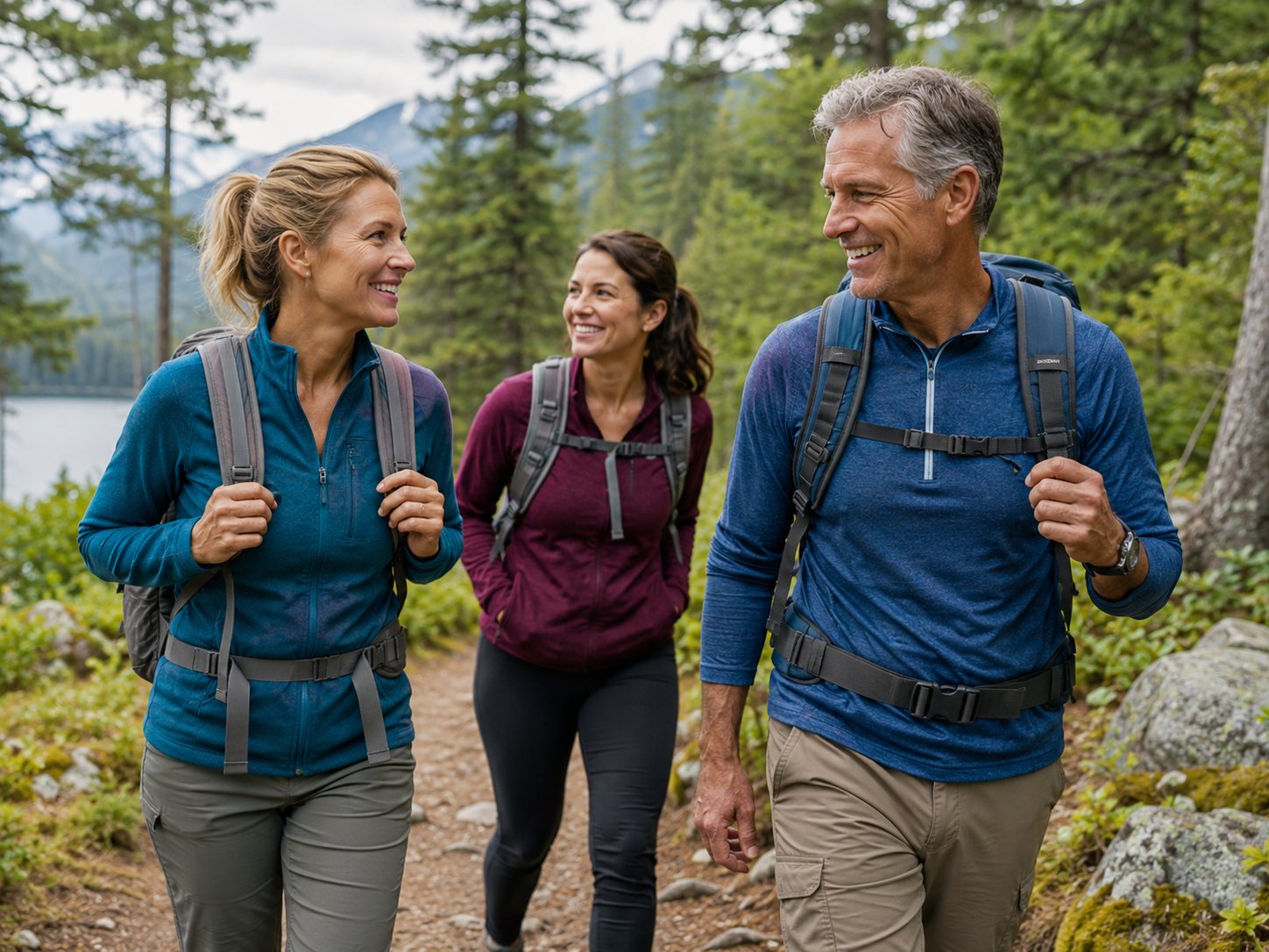 Three adults with daypacks smile and talk while hiking a forest trail beside a mountain lake.