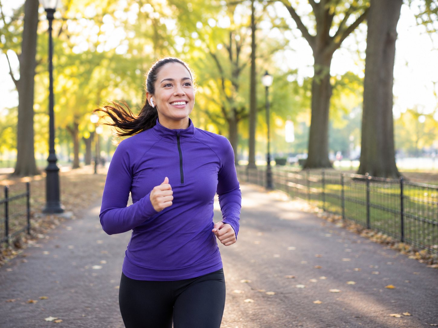 Smiling woman in a purple running top jogs along a paved path through a leafy park.