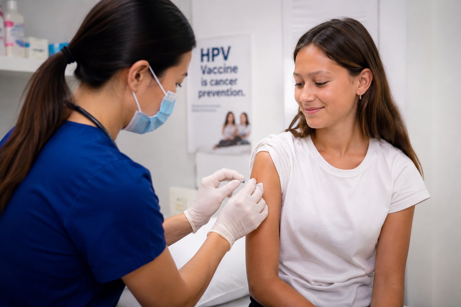 A masked clinician in navy scrubs and white gloves gives an upper-arm injection to a smiling teenage girl beside a poster reading “HPV vaccine is cancer prevention”.