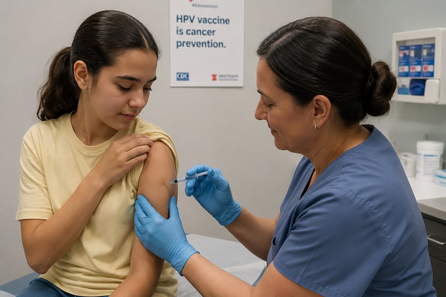 A clinician in blue scrubs and blue gloves injects a vaccine into the upper arm of a seated teenage girl under an HPV vaccine poster.