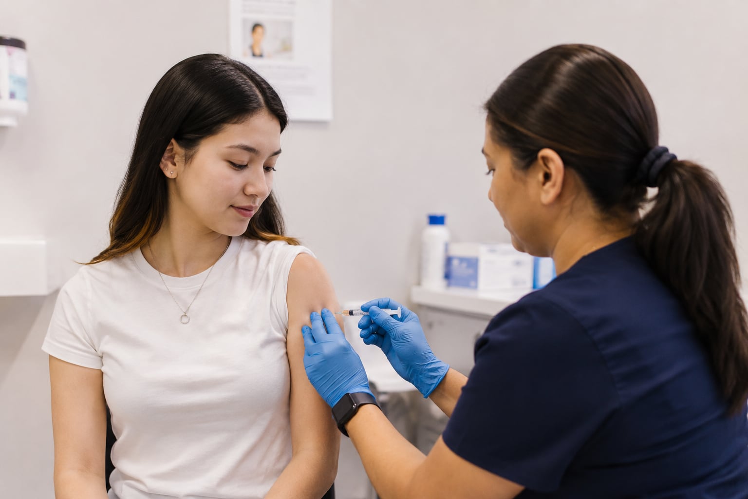 A clinician in navy scrubs and blue gloves holds a filled syringe near a young woman’s bared upper arm in an exam room.