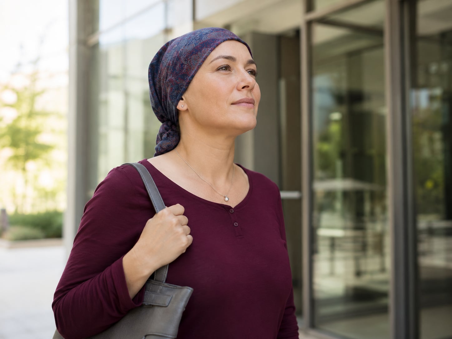 A woman in a headscarf walks outside near a building, looking away