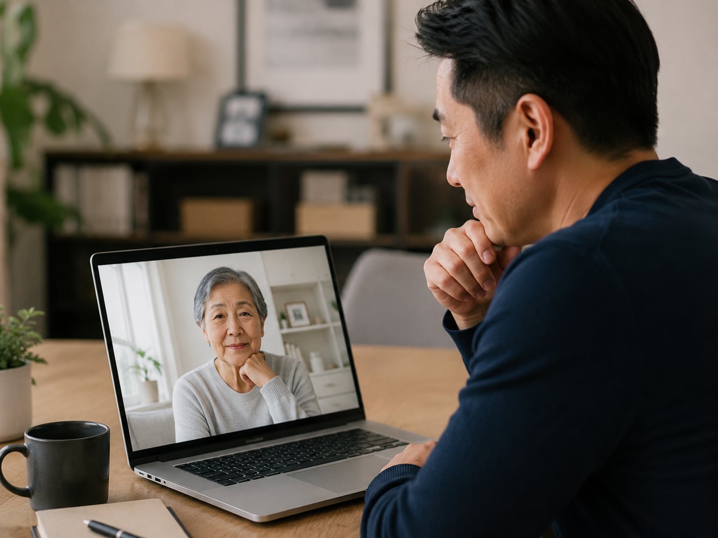 A man on a video call with a doctor, hand on chin, listening