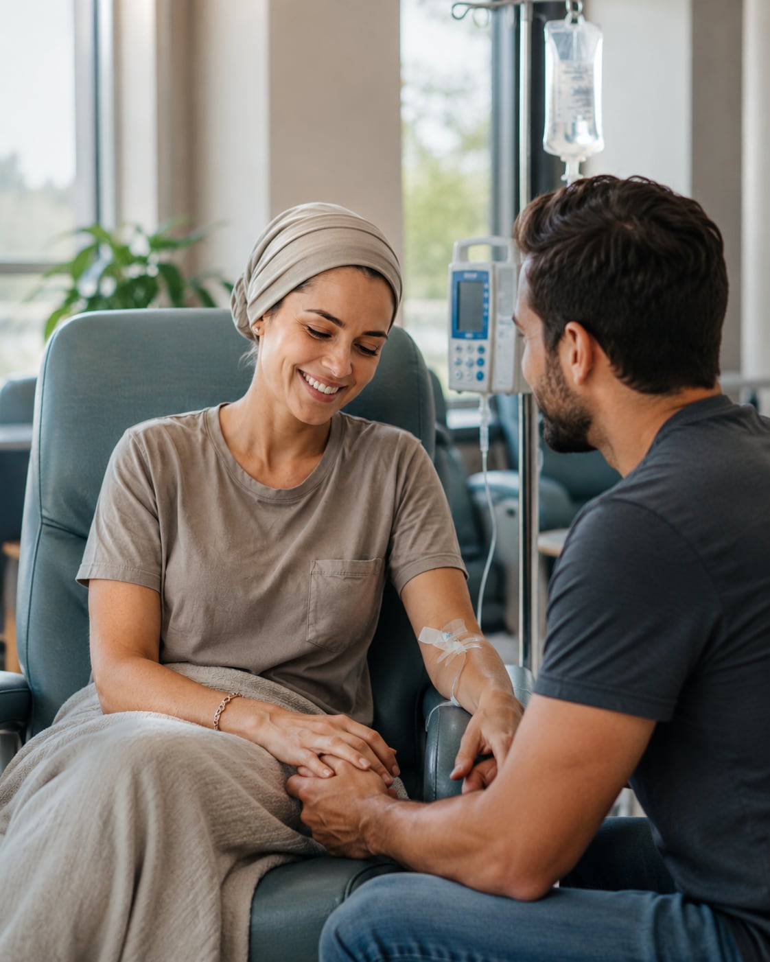 A woman in a headscarf sits in a medical chair talking with a man, IV pole nearby