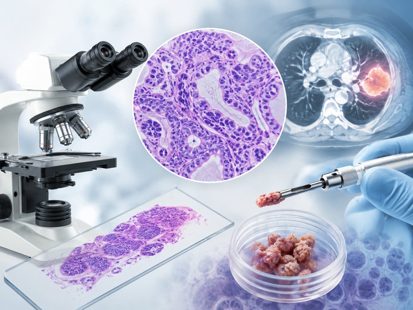 A composite image: microscope, cell imagery and syringe illustrate cancer research