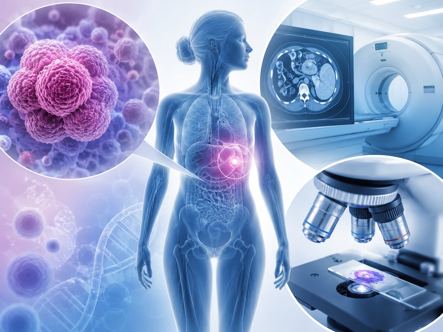 An illustration: human body diagram with tumor highlights beside scanning and microscope icons