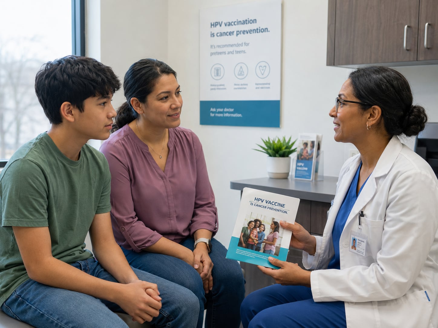 A teenage boy and mother look at a vaccine pamphlet with a doctor