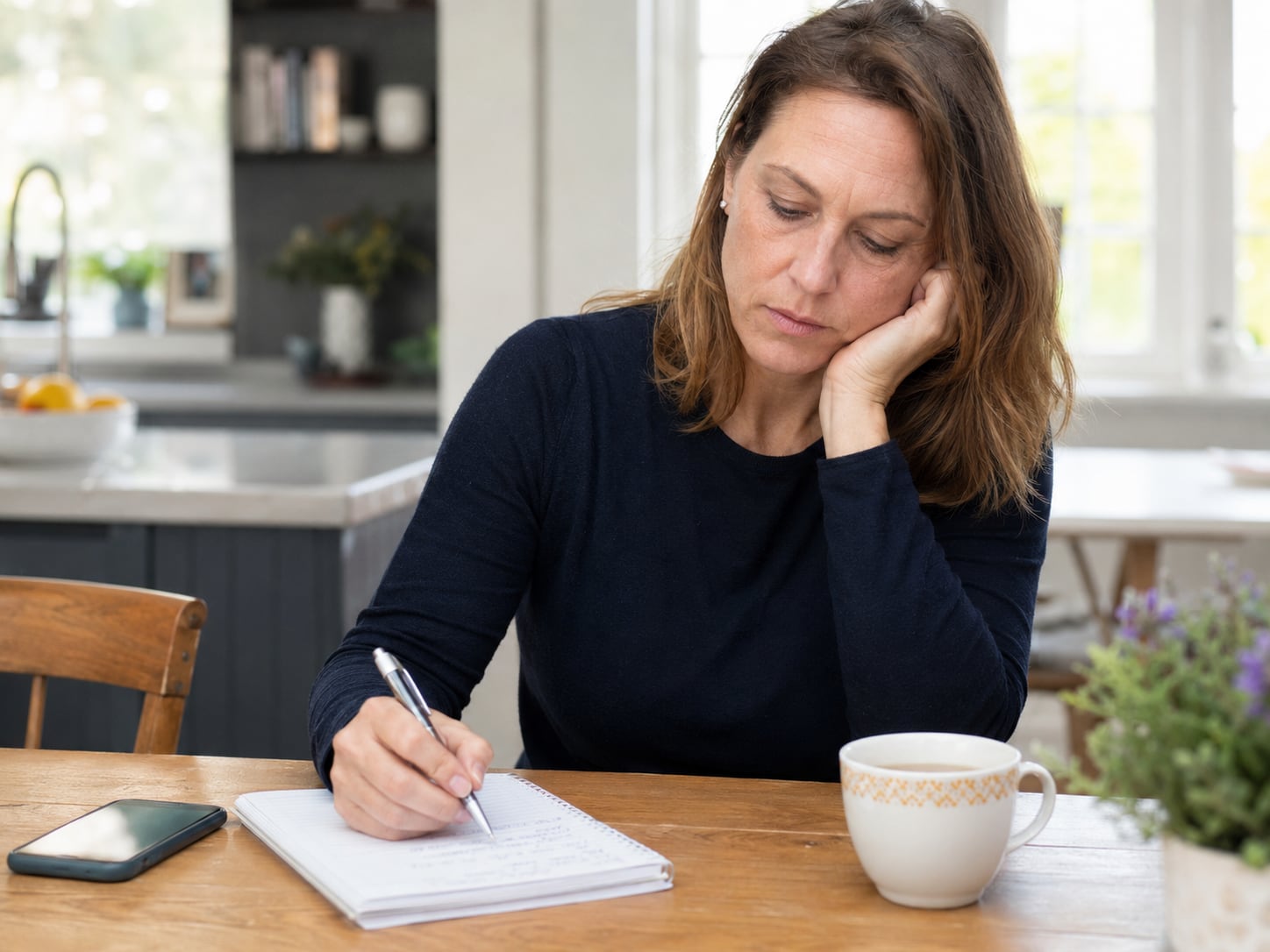 A woman sits at a kitchen table writing, resting her chin on her hand