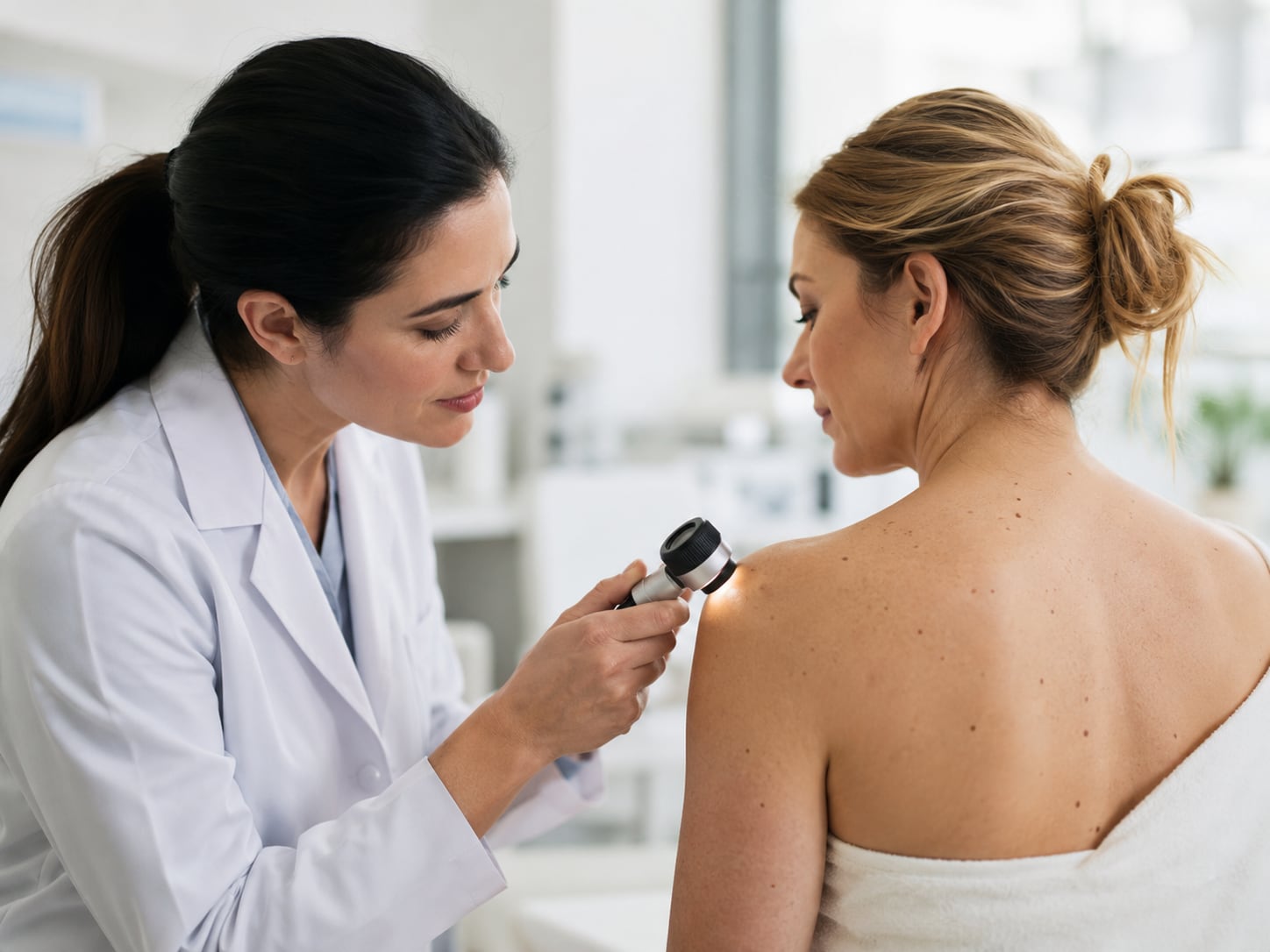 A female doctor examines a woman's bare back with a dermatoscope