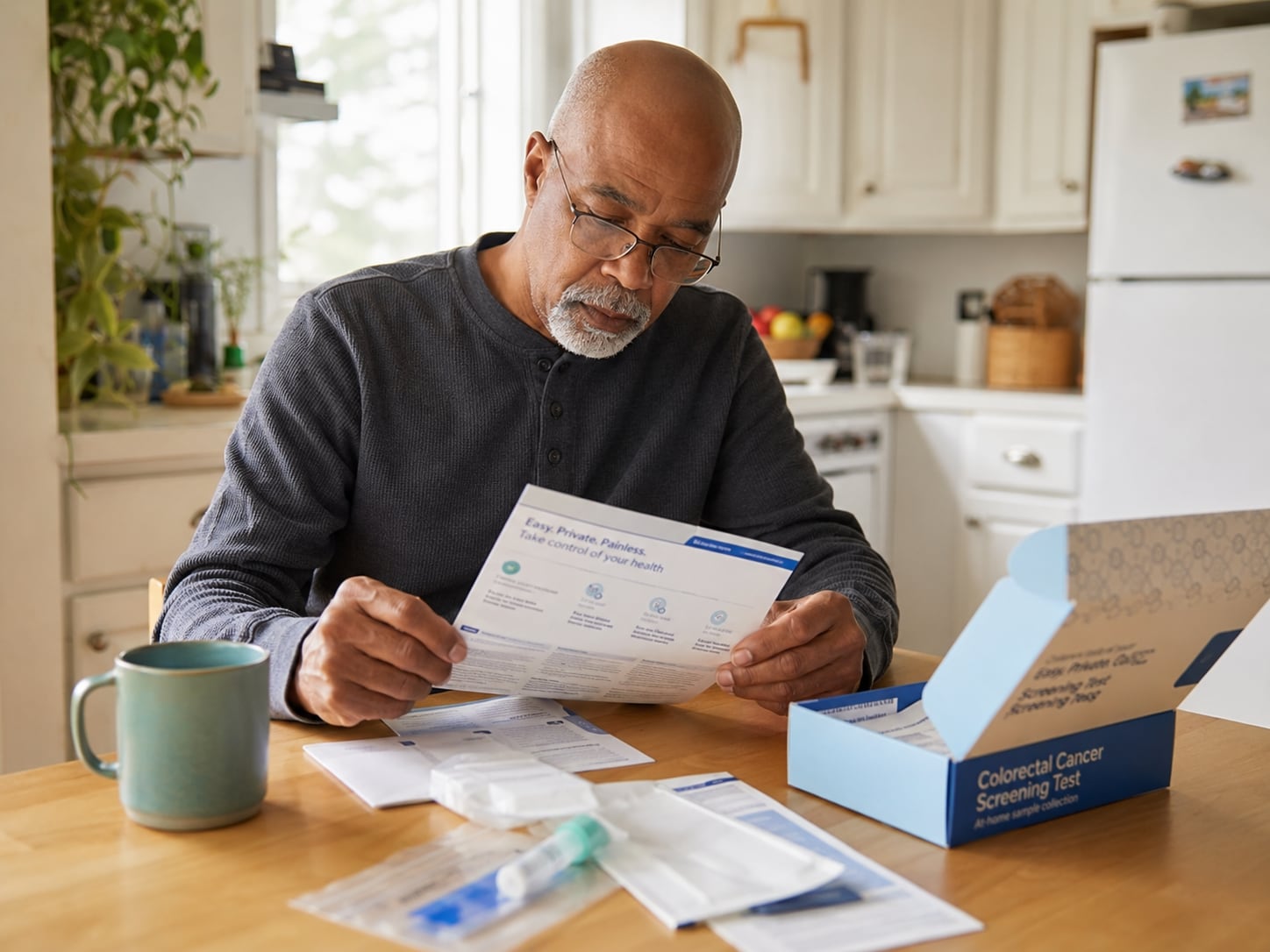An older man reads a medication box in his kitchen