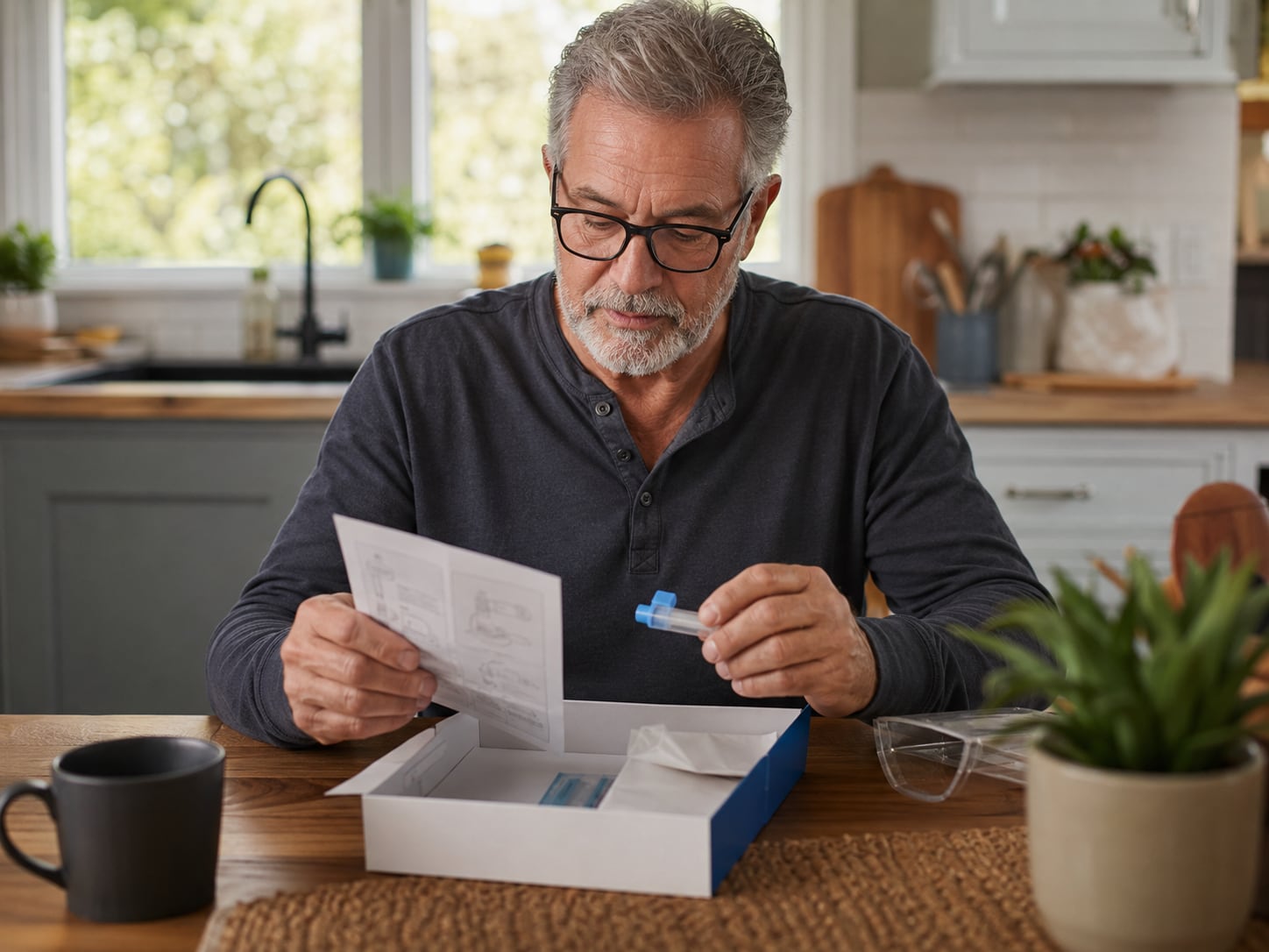 An older man reads a letter or card at a kitchen table