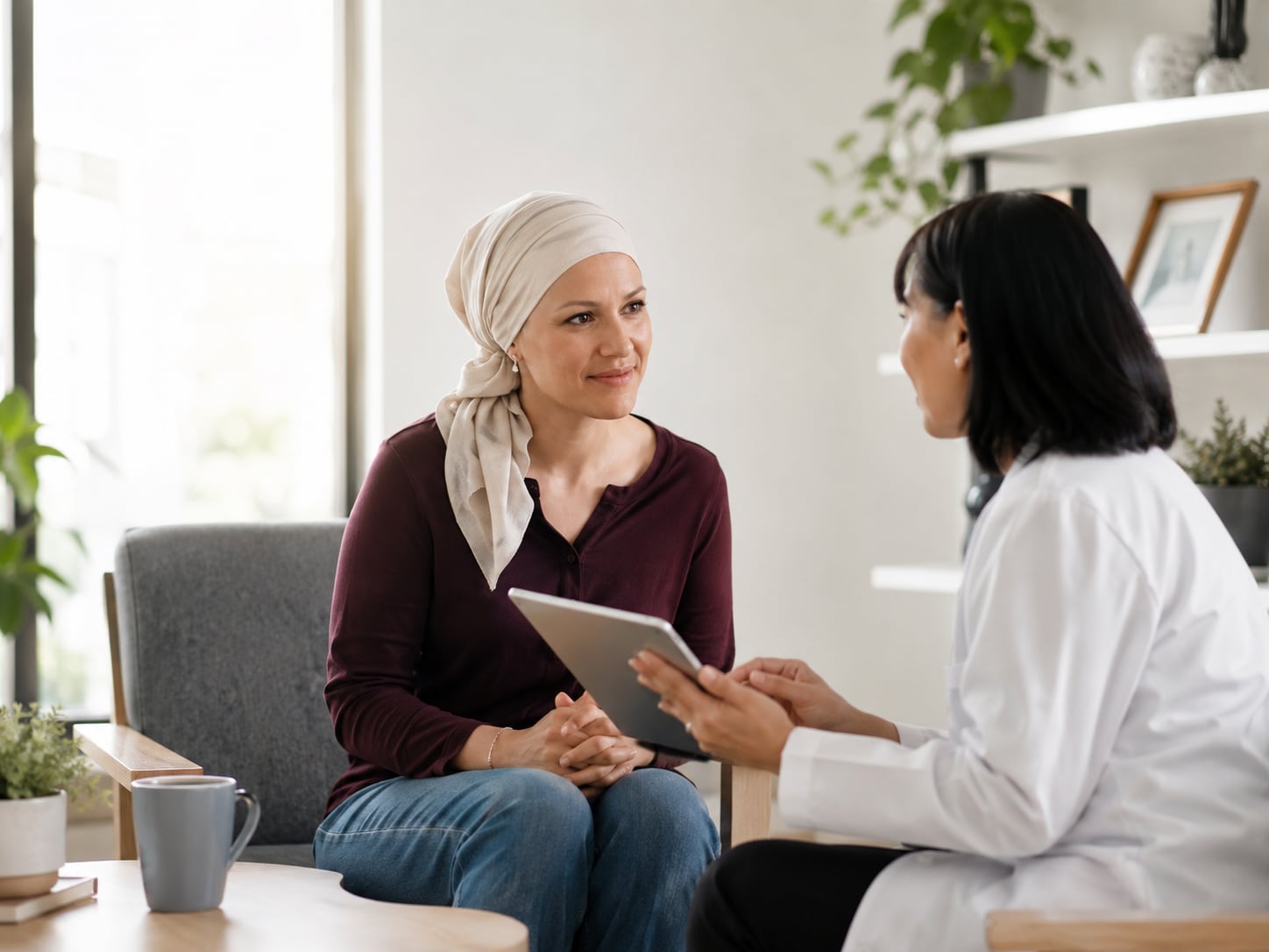 A woman in a headscarf and another woman look together at a tablet