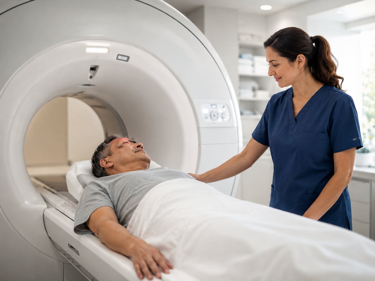 A man undergoes an MRI or CT scan while a nurse assists at the machine
