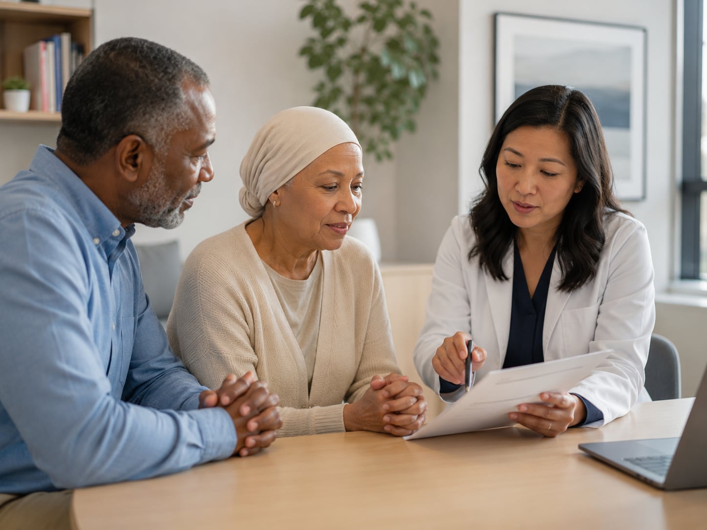 An older man, woman in a headscarf, and doctor review paperwork together