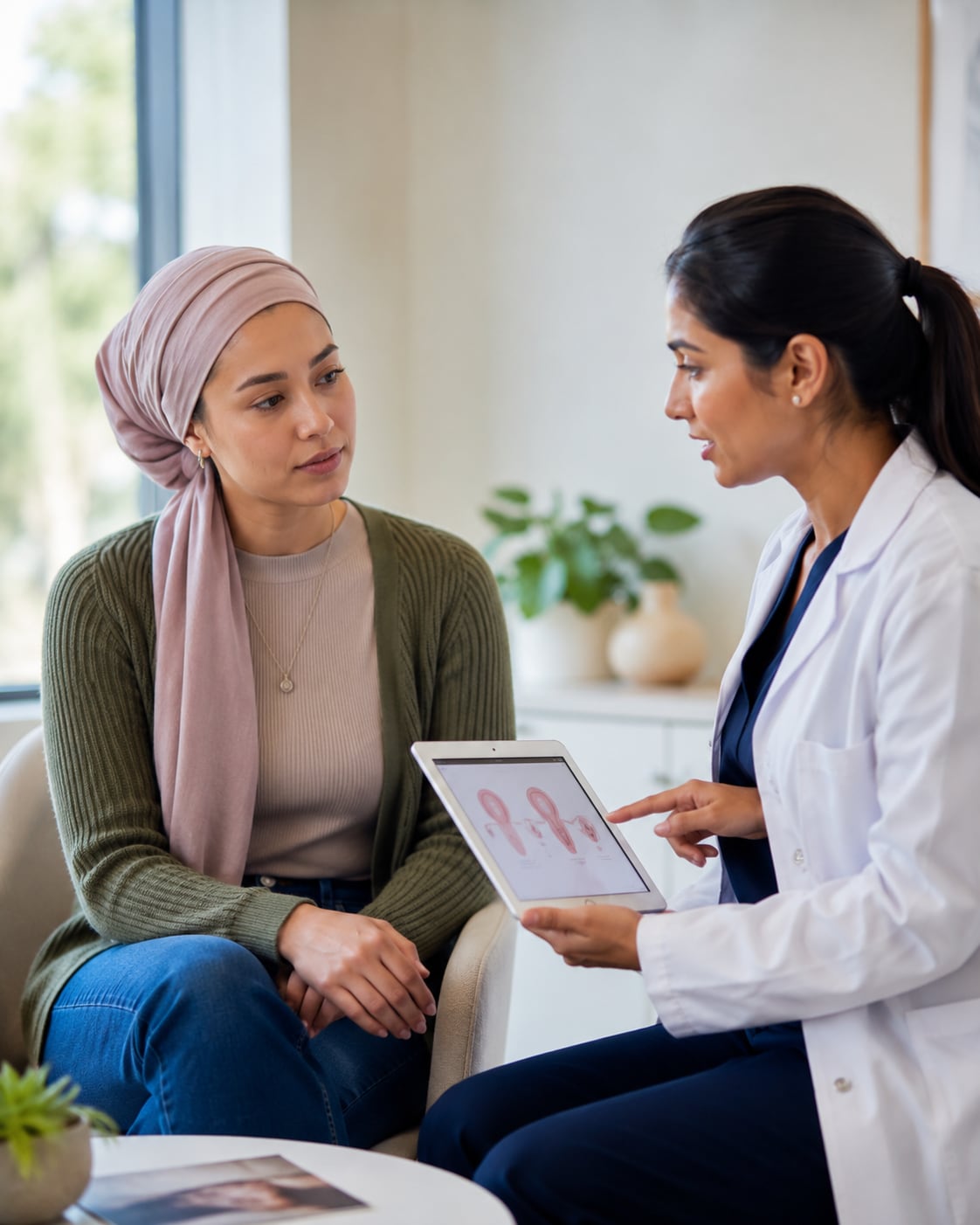 A woman in a headscarf consults with a female doctor in a clinical room