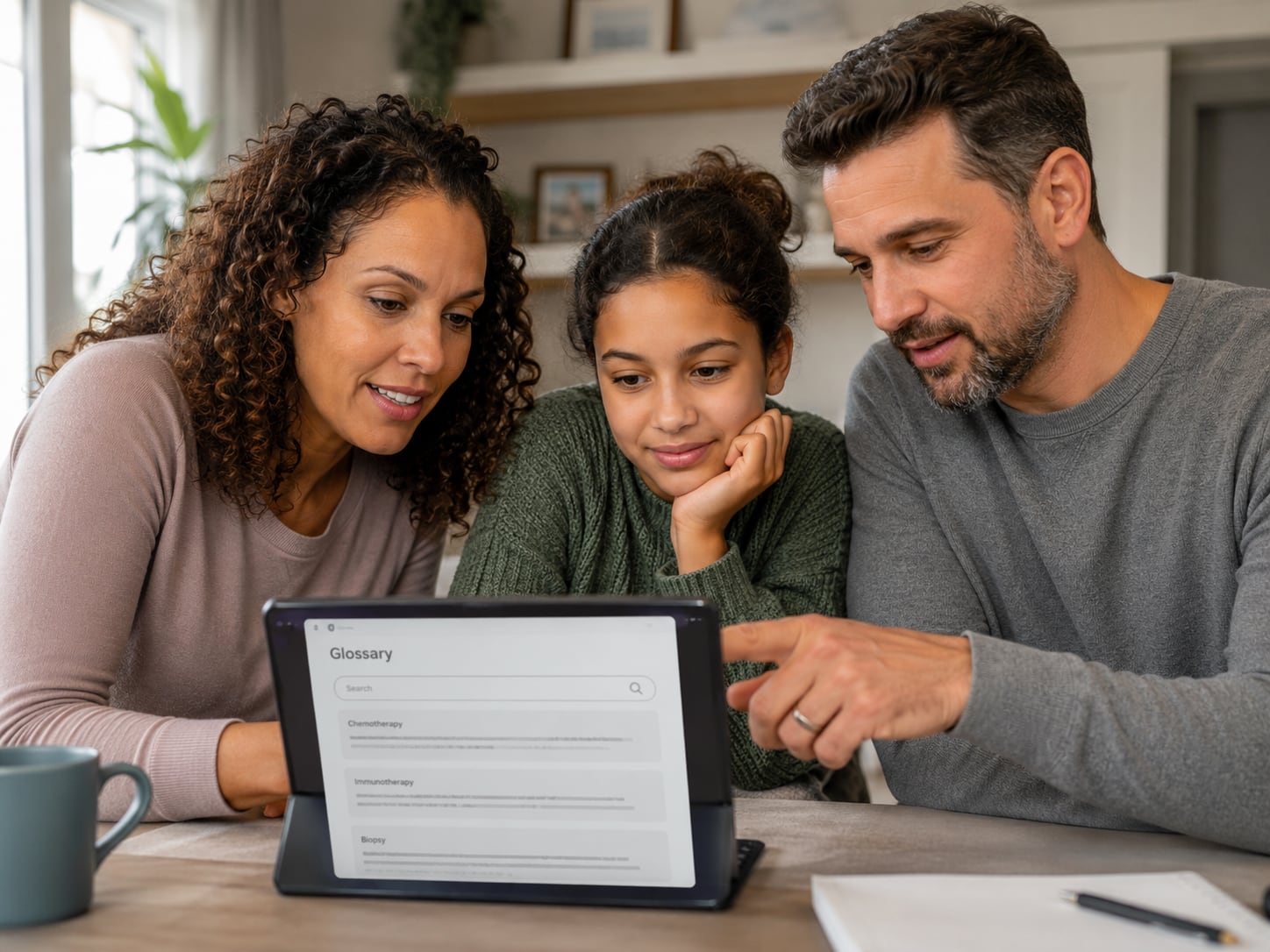 A mother, daughter and father look together at a laptop at home