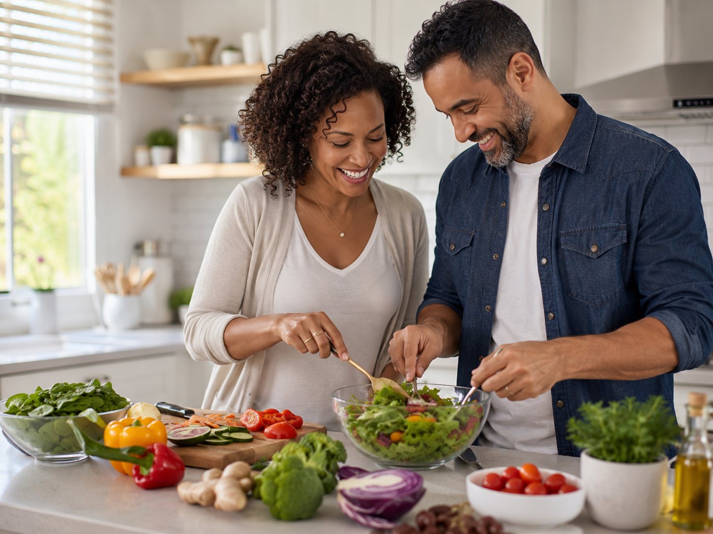Smiling couple toss a large salad at a kitchen counter piled with fresh vegetables and herbs.