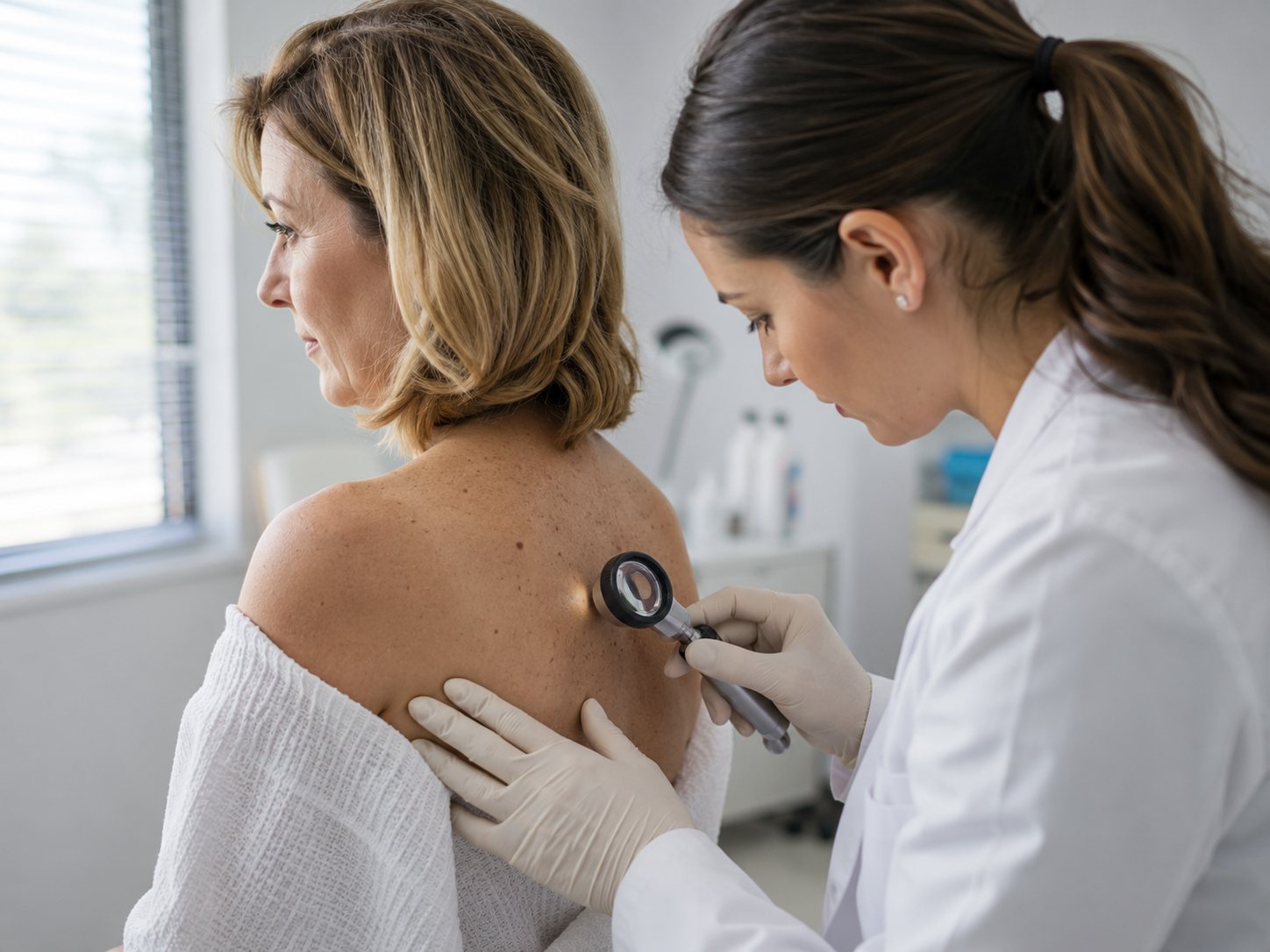 Dermatologist uses a handheld dermatoscope to examine moles on a seated woman's shoulder and back.