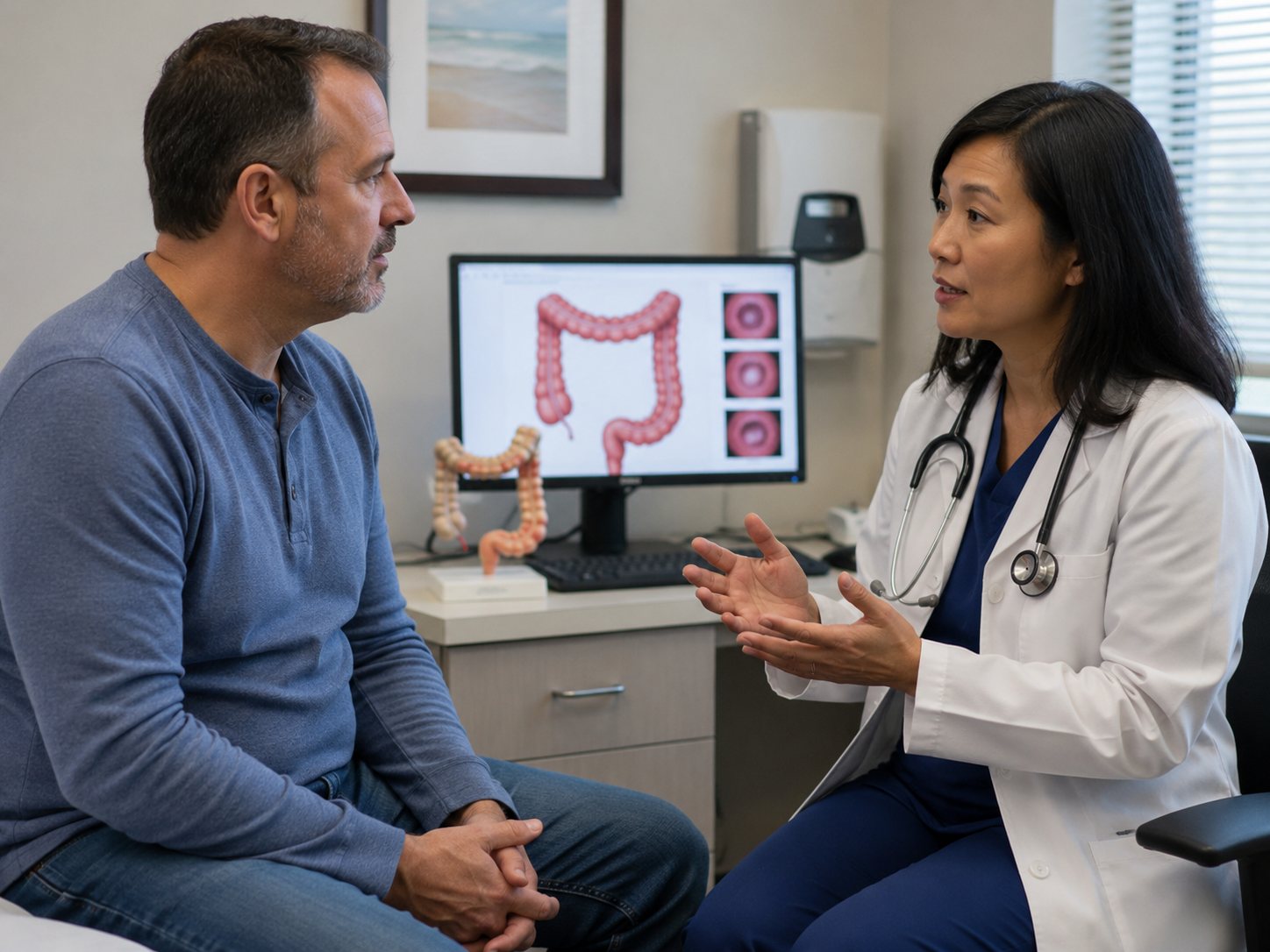 Clinician gestures toward a colon diagram on a monitor while explaining it to a seated man.