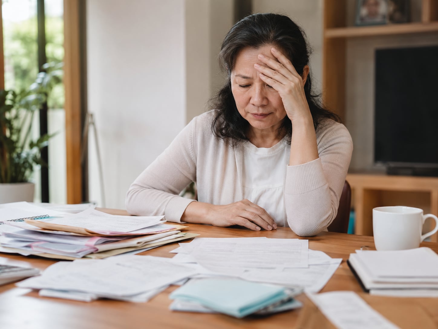 A woman sits at a table with her head in her hand looking stressed