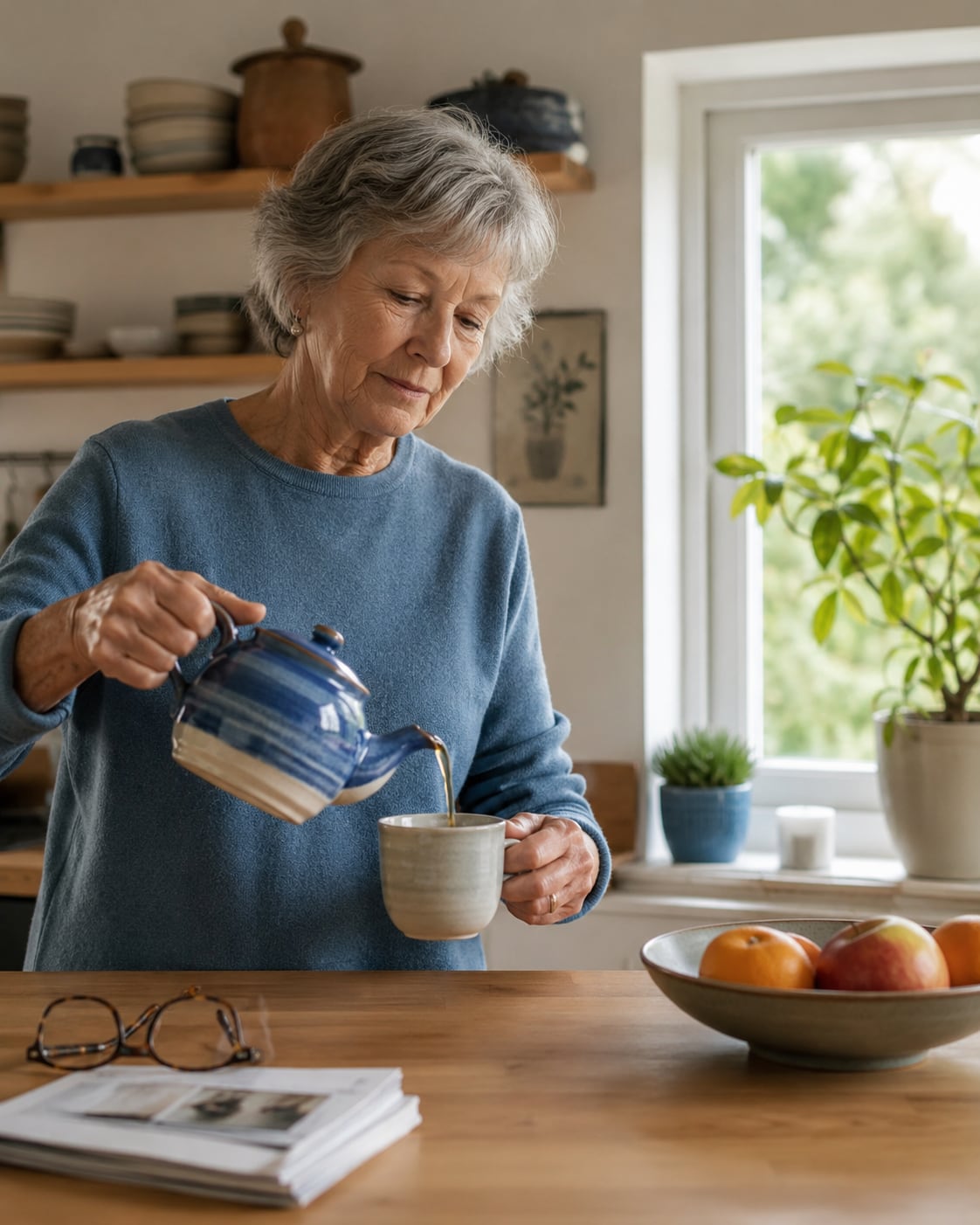 An older woman looks out a window at home, alone and pensive