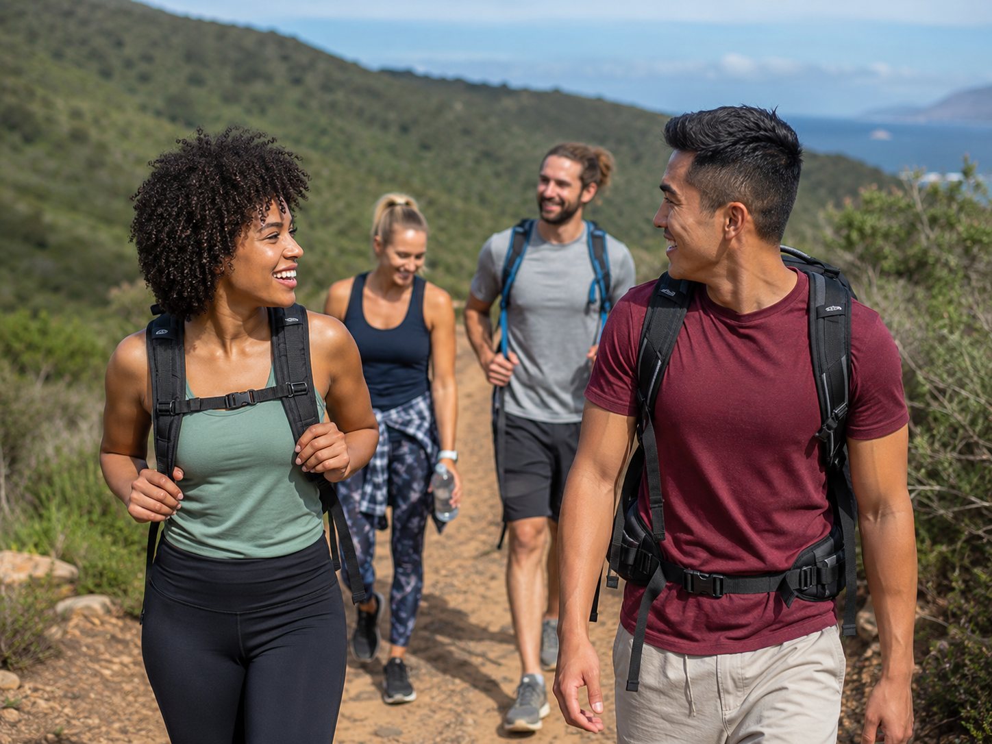 Four adults with daypacks walk a dirt trail through green coastal hills, talking and smiling.