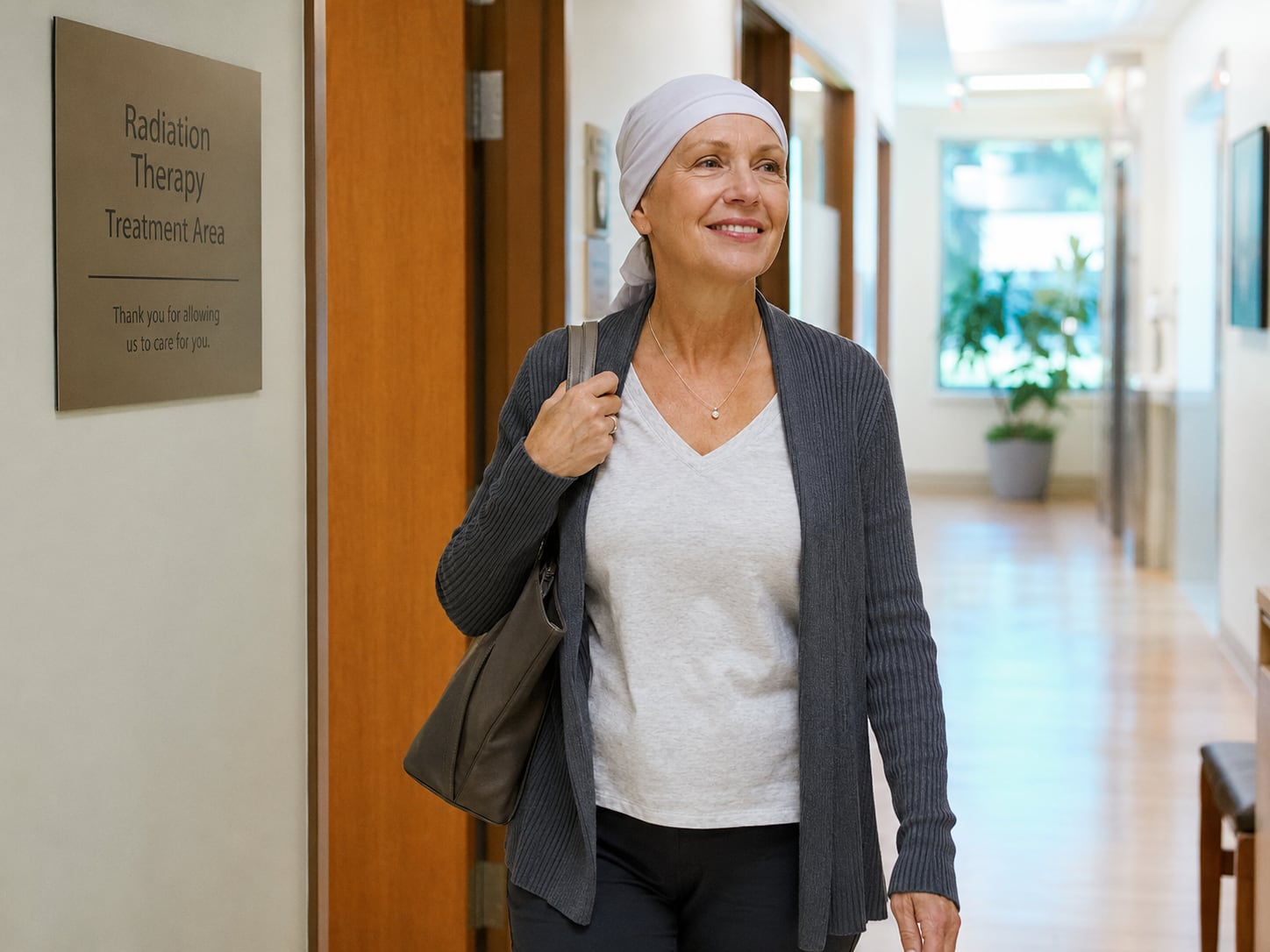 A woman in a head scarf and cardigan carrying a shoulder bag walks along a clinic corridor past a wall plaque reading “Radiation Therapy Treatment Area”.