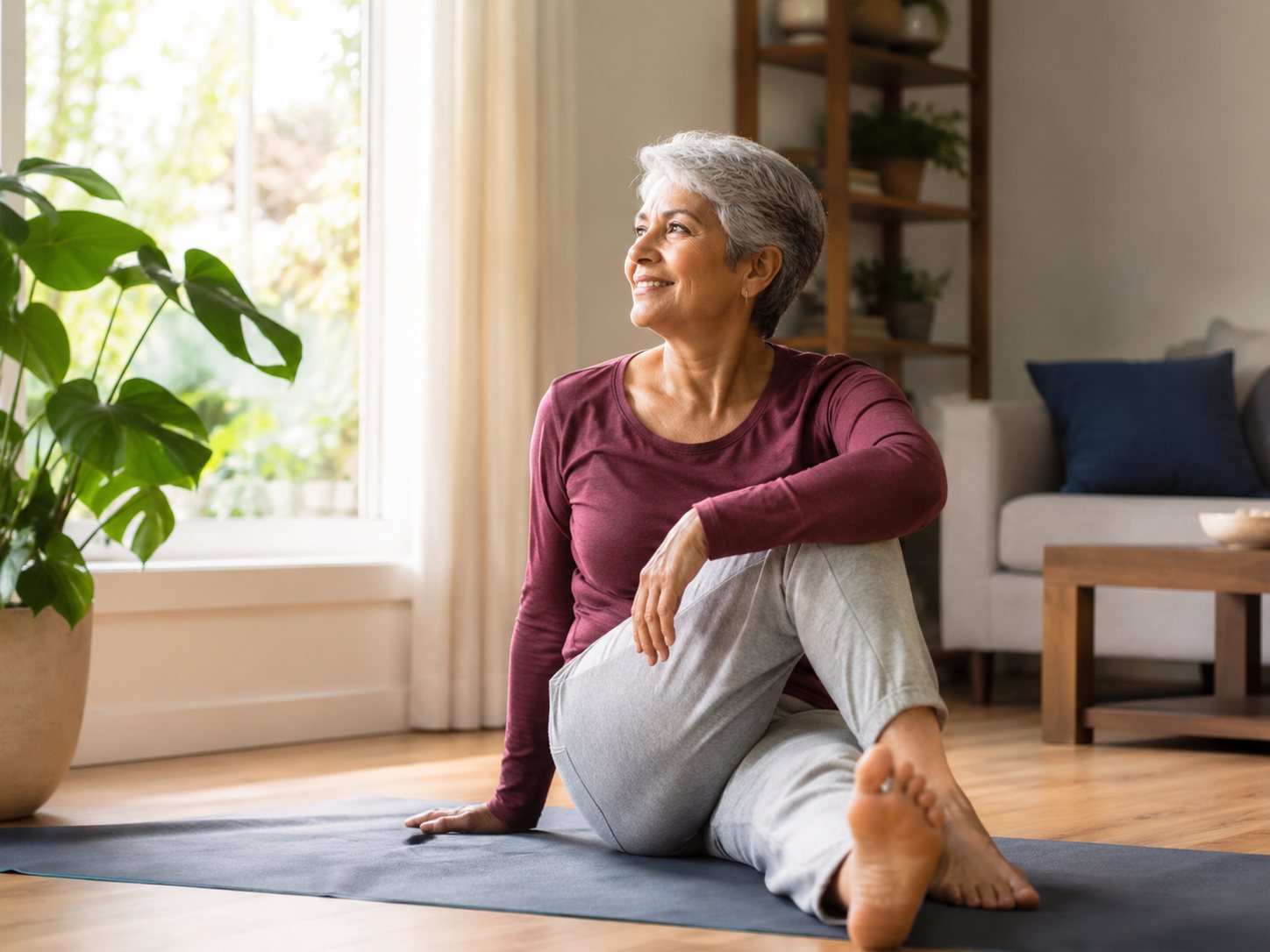 Older woman with silver hair sits on a yoga mat in a sunlit living room, looking calmly outside.