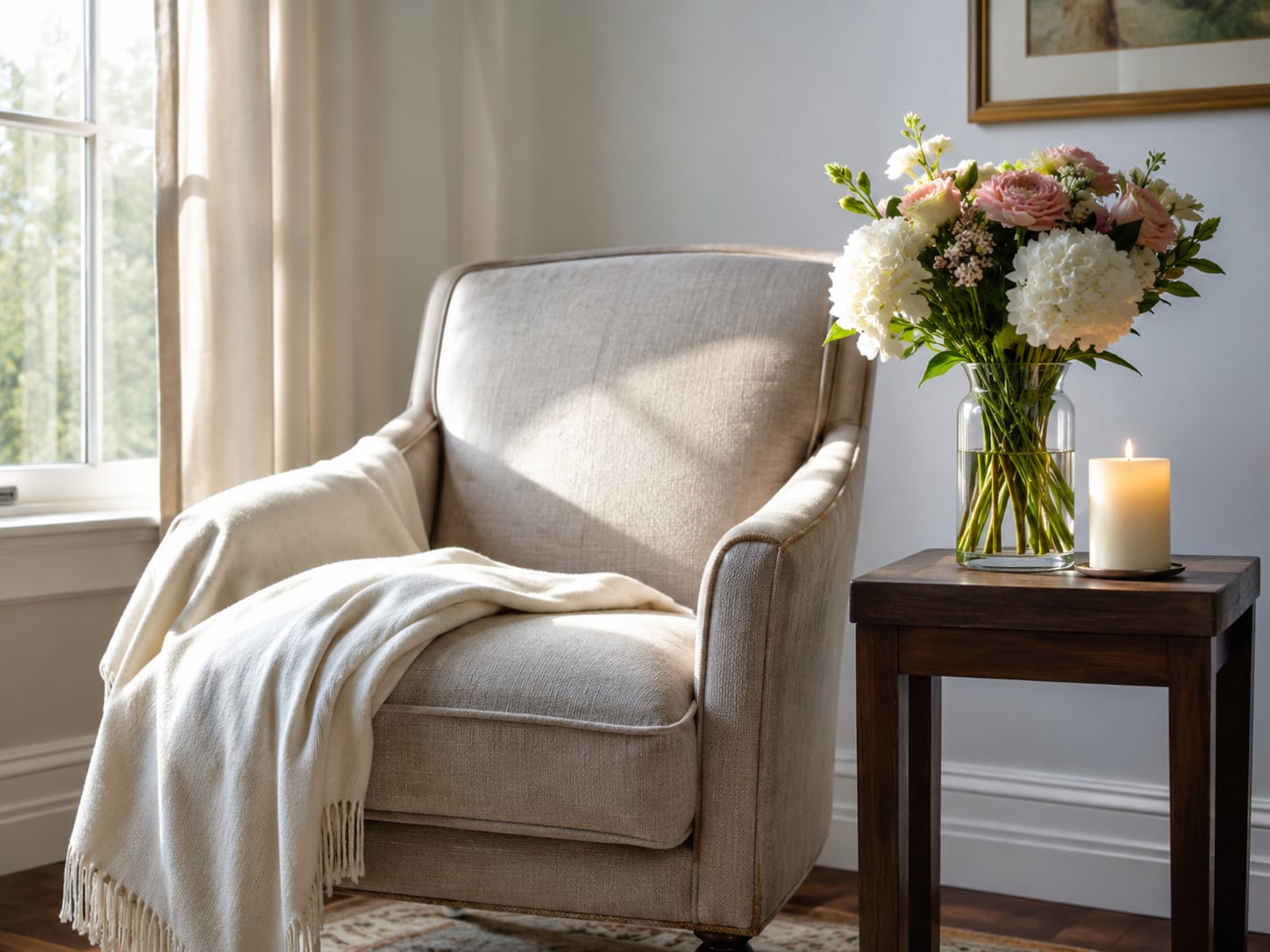 A cream armchair with a draped throw in window light beside a wooden side table holding a lit candle and a vase of roses and hydrangeas.