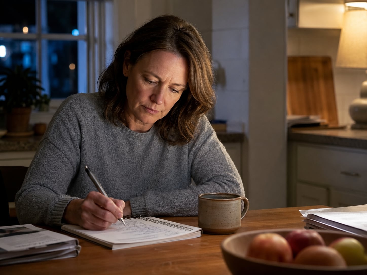 An older woman writes in a notebook at a table at home
