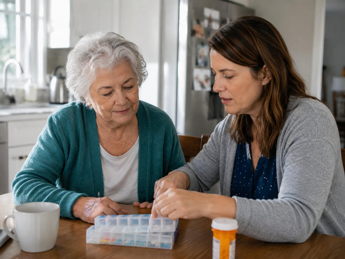 An older woman talks with a woman across a table at home