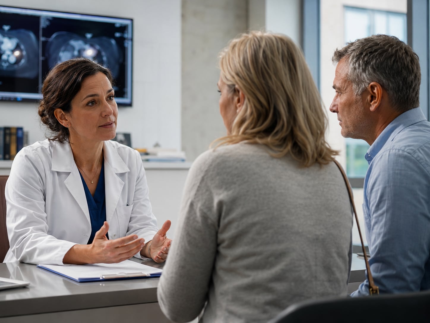 A woman doctor in white coat talks seriously with an older couple in a clinic