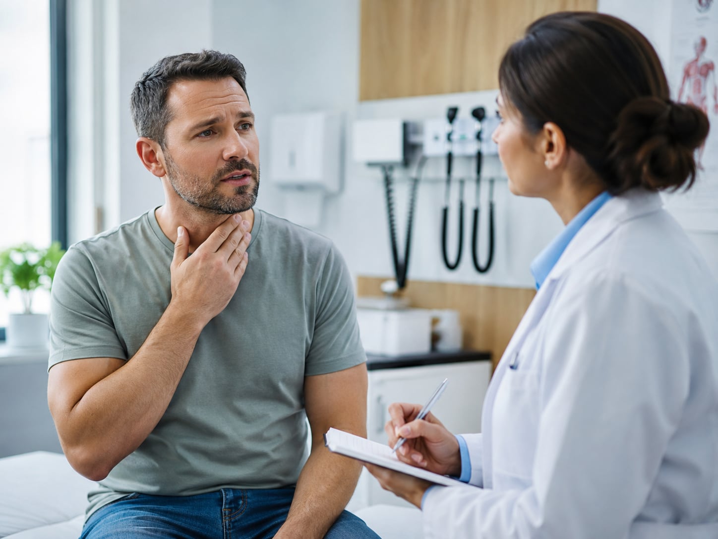 A man touches his throat while talking with a doctor in an exam room