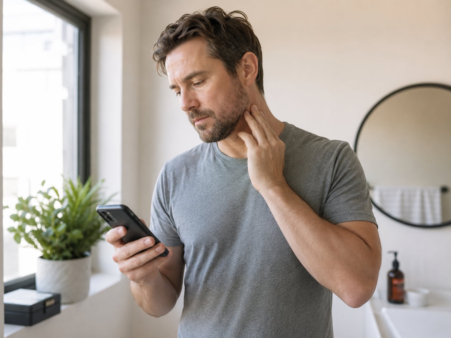 A man touches his neck while looking in a bathroom mirror, phone in hand