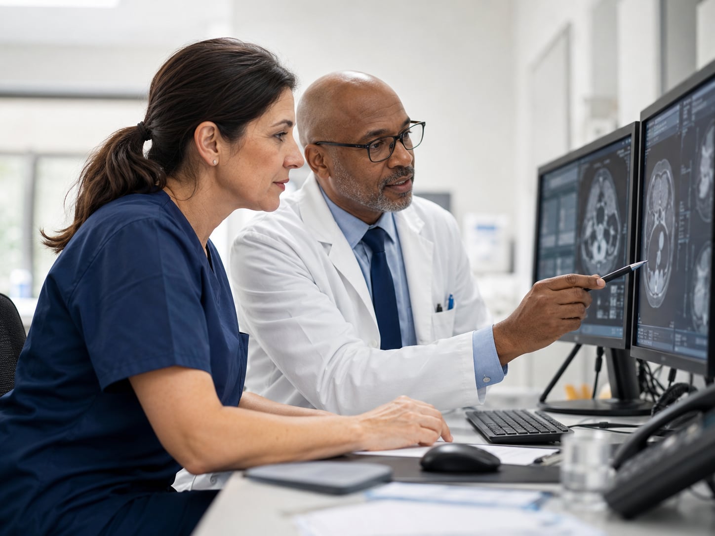 A female doctor and male doctor review scans together on monitors