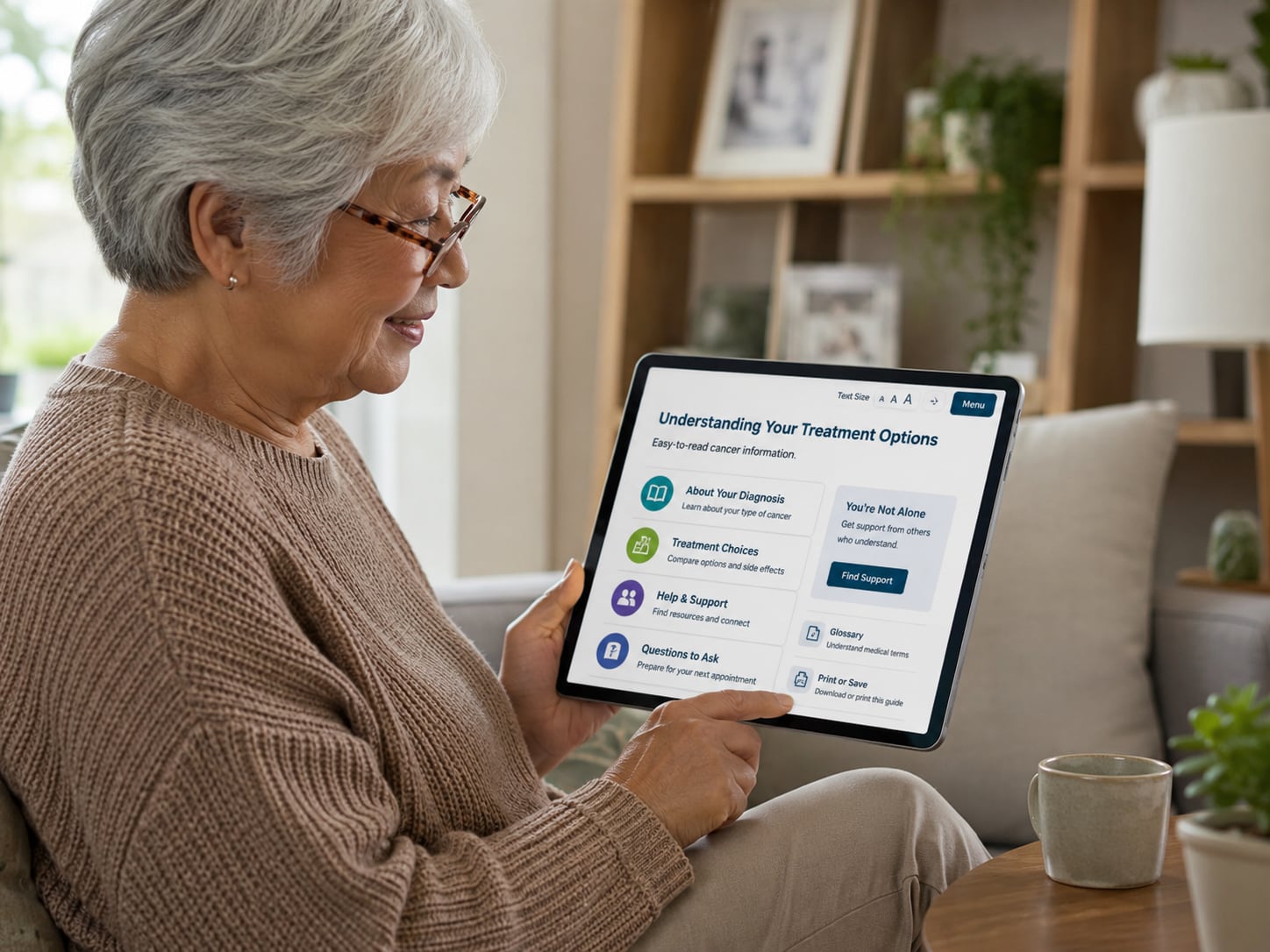 An older woman reads a tablet screen titled Understanding Your Treatment Options at home