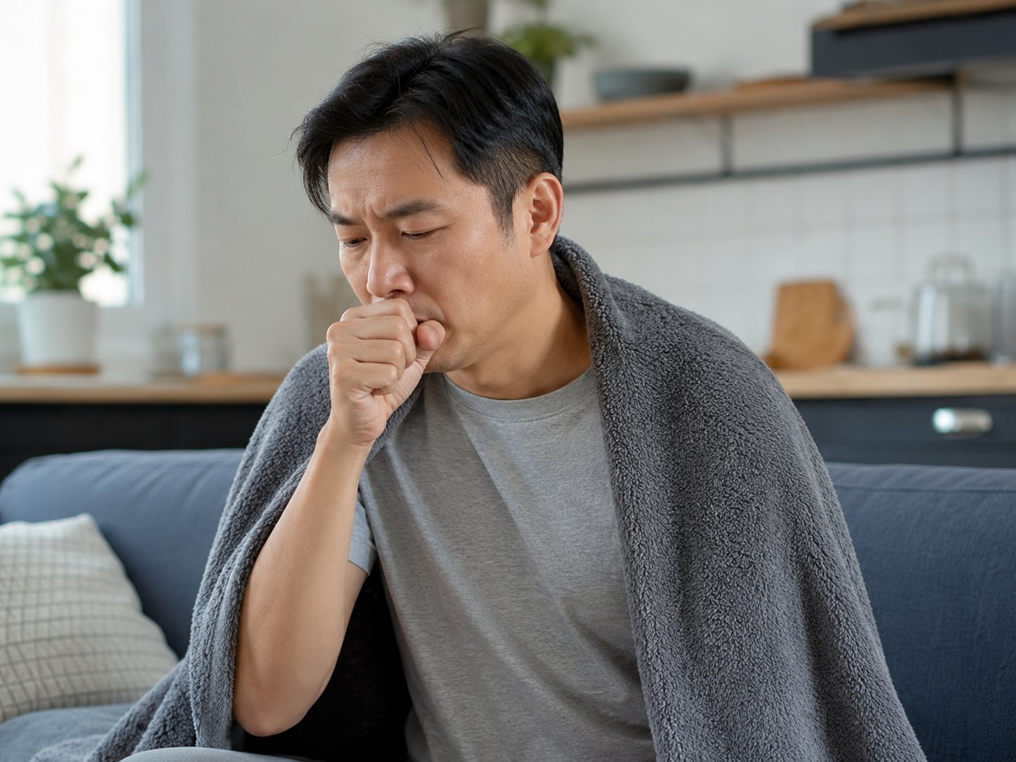 Man wrapped in a grey blanket sits on a sofa coughing into his fist, looking unwell.