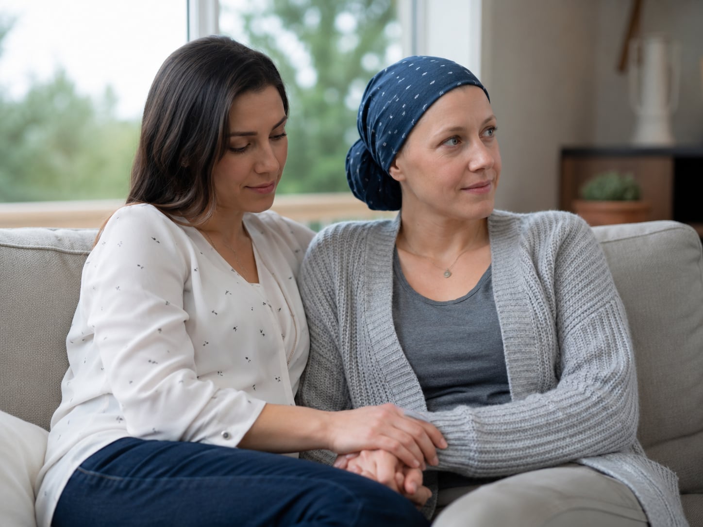 A woman comforts another woman wearing a headscarf on a home sofa