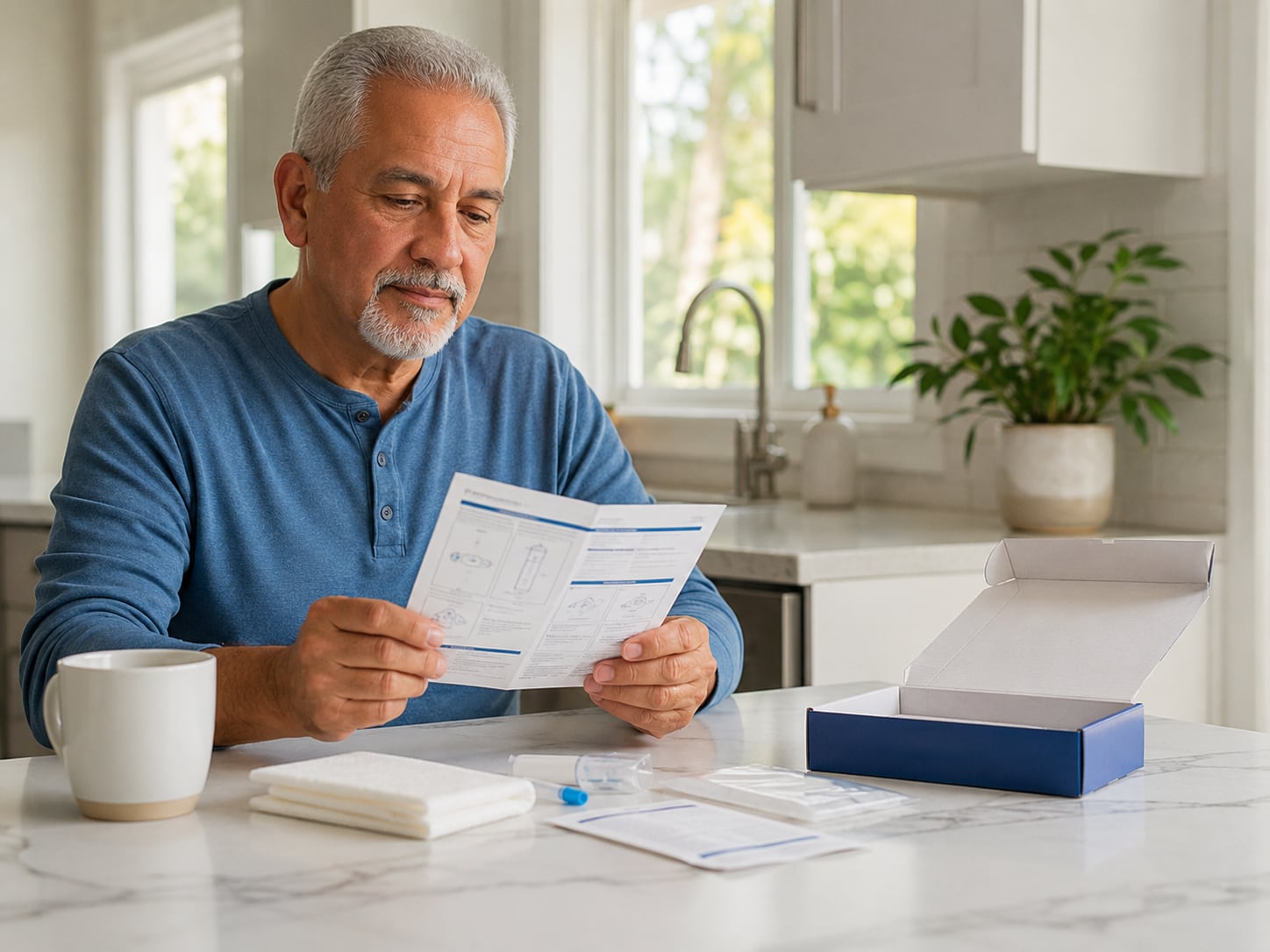 An older man reads a letter or bill at a kitchen counter at home