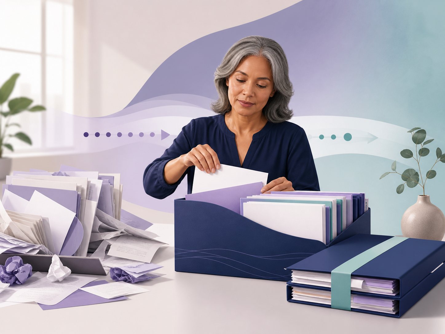 A woman files a sheet into an organised box of colour-tabbed folders beside stacks of prepared packets.