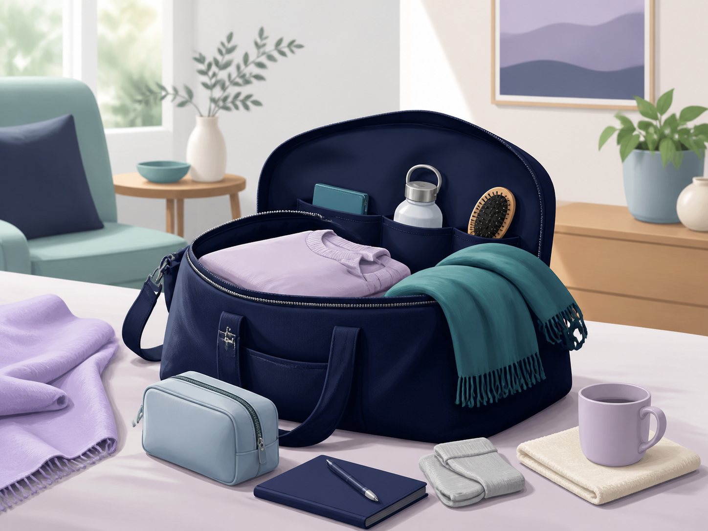 An open overnight bag on a bed holding folded clothes, a blanket, socks, a pouch, a water bottle and a notebook.