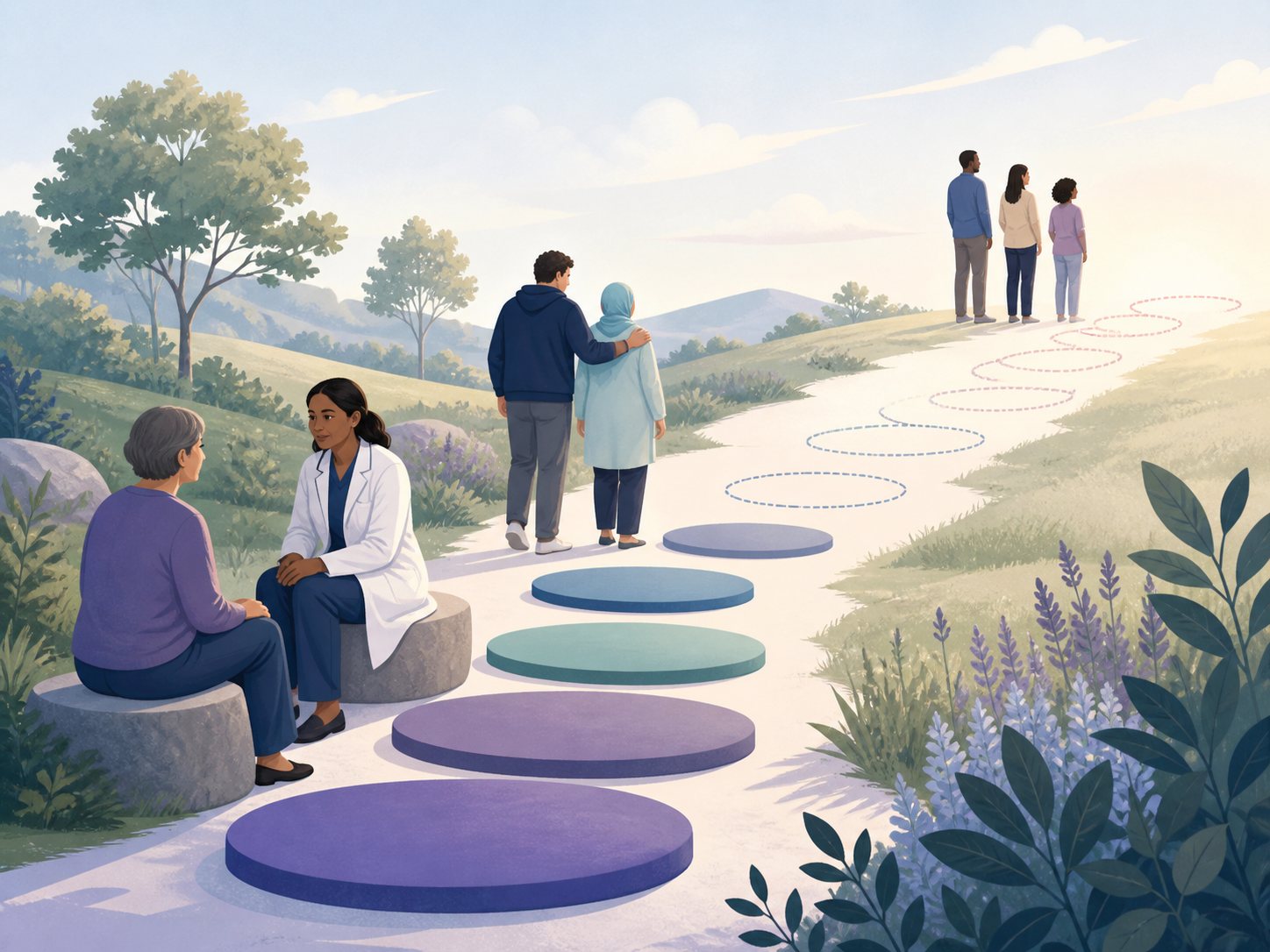 Three people at the start of a stepping-stone path, near stones carrying icons and further stones still blank.