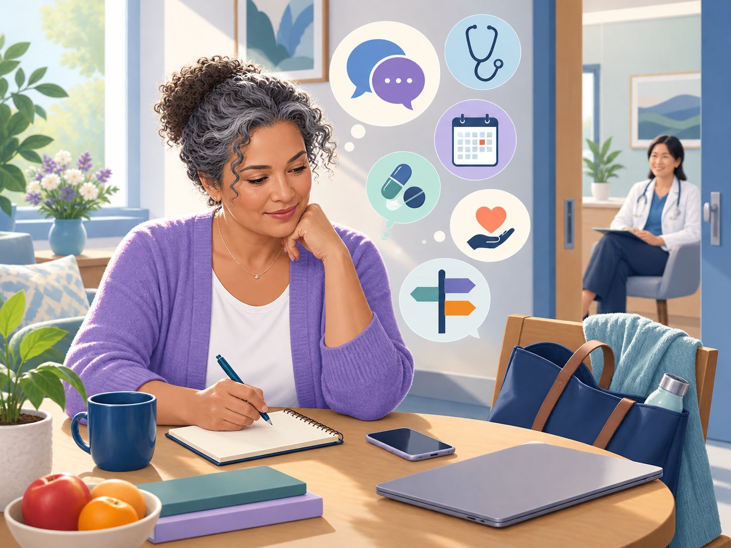 A woman writes in a notebook surrounded by icon thought-bubbles, with a clinician waiting in the background.