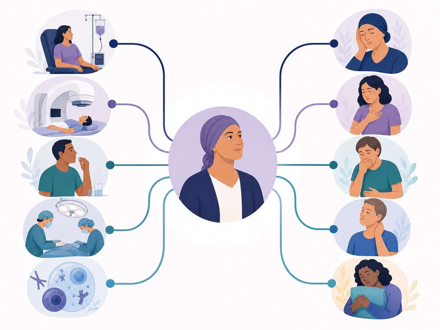 A central figure connected by lines to treatment scenes on one side and side-effect scenes on the other.